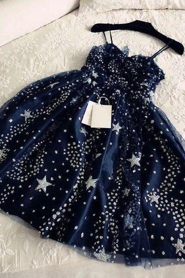 Glitter Stars Sequins Beaded Homecoming Dresses,short Navy Blue Party Dresses M450