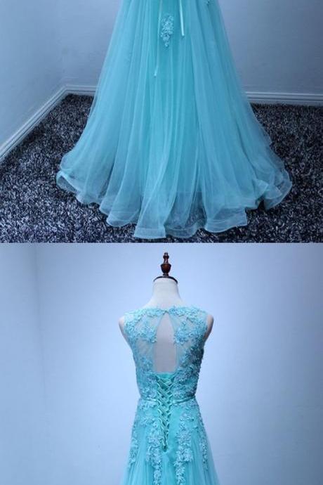 Gorgeous Blue Lace Prom Dress Beaded Long For Women M453