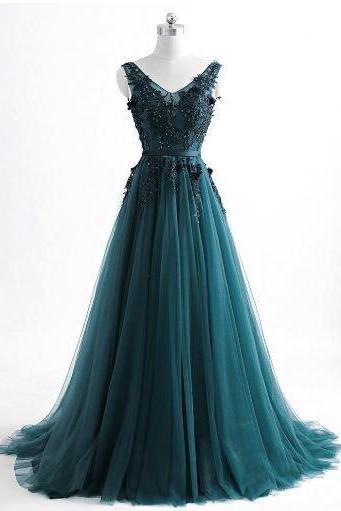 Romantic V Neck Green Lace Appliques Tulle Long Prom Dress, M454