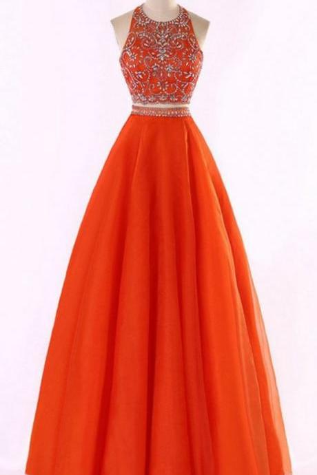 Orange Tulle Two Pieces Prom Dress,halter Beading Rhinestone A-line Long Prom Dresses ,shining Evening Dresses M456