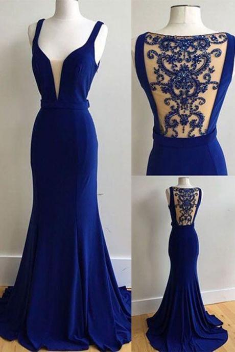 Royal Blue Gown,deep V Prom Dress,unique Prom Dress M458