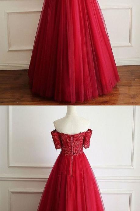 Red Custom Made Off Shoulder Senior School Tulle Prom Dress,freshman Dress M463