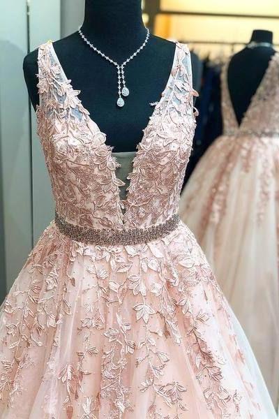 Floor Length Pink Prom Dress With Lace Appliques M465