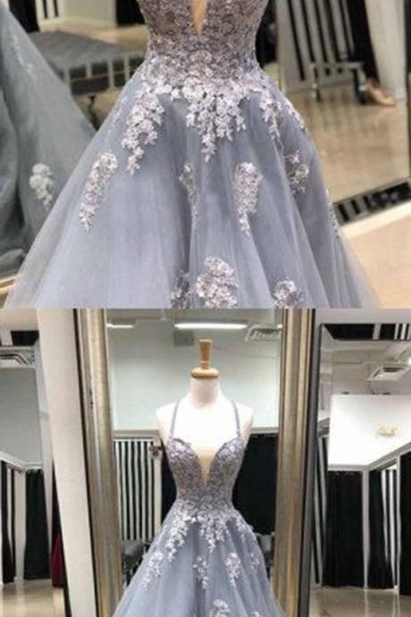 Gray Tulle V Neck Open Long A-line Prom Dress, Gray Party Dress With Lace Appliqué M466
