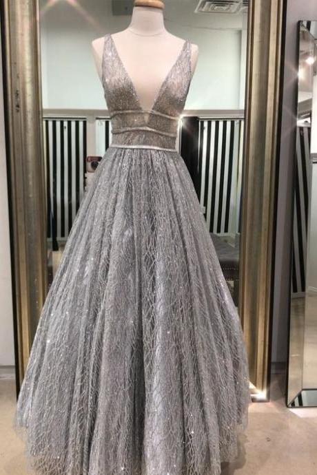 V-neck Silver Sequin Tulle Long Prom Dresses, Sparkle Prom Dresses, Long Prom Dresses M469