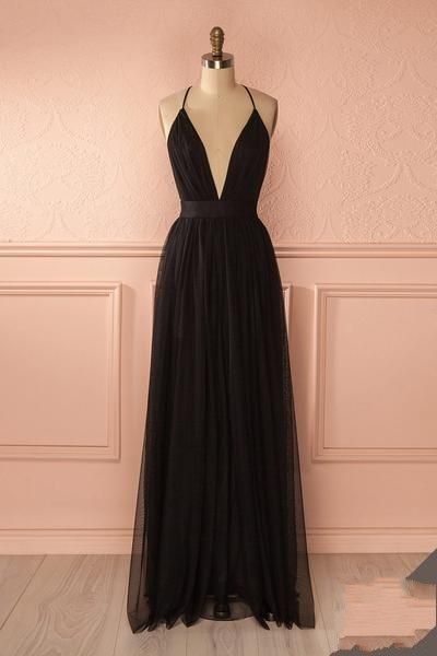 Charming Prom Dress,sexy Prom Dress,long Prom Dresses,black V Neck Tulle Prom Dress M470
