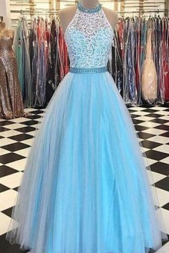 A Line Halter Lace Bodice Prom Gown,long Tulle Sleeveless Long Evening Dresses,formal Dress M471