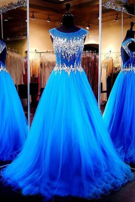 A-line Blue Prom Dresses,beaded Prom Dresses,long Prom Dresses,open Back Prom Dresses M472