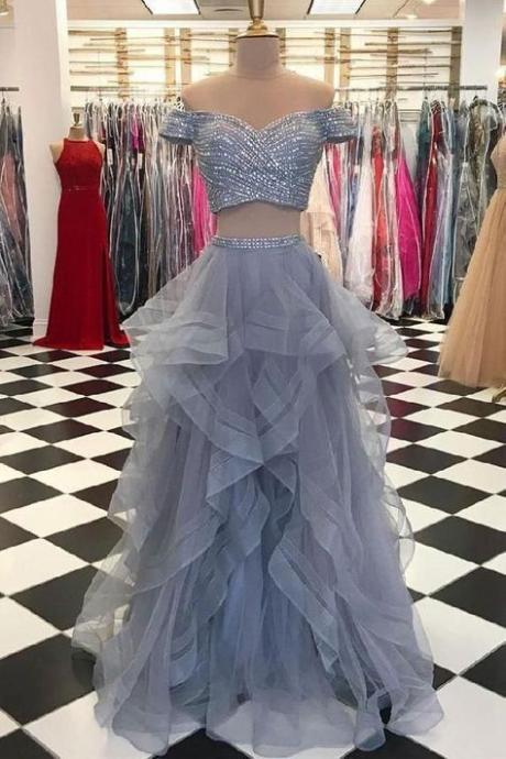 Two Piece Off The Shoulder Prom Dresses With Beaded M474