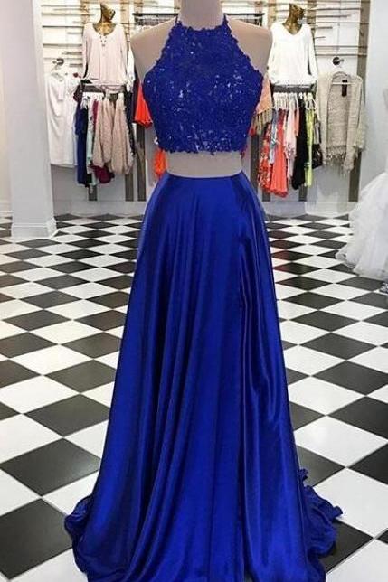 Royal Blue Prom Dress,lace Prom Dress,sexy Two-piece Long Prom Dress With Lace Top, M475