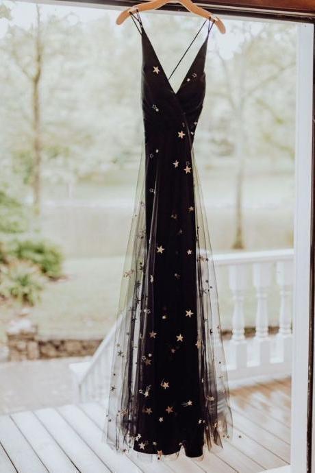 Black Tulle Gold Star Prom Dress. Fashion Prom Gown M476