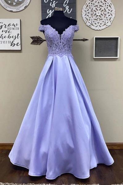 Lavender Lace Satin Off Shoulder Long Prom Dress, Evening Dress M479