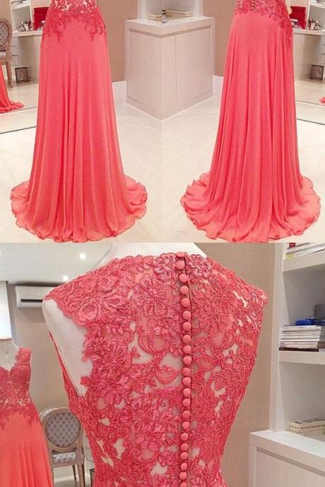 Straps V Neck Lace Chiffon Long Prom Dress Watermelon Formal Party Gown M483