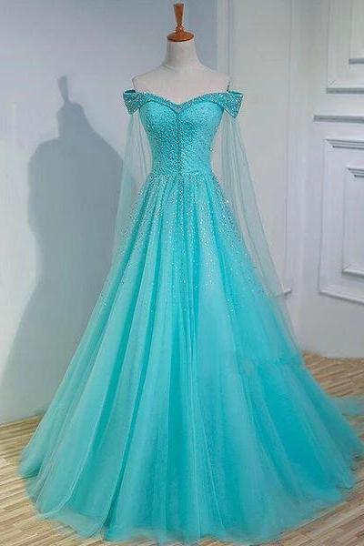 Charming Blue Beaded Sweetheart Tulle Long Party Gown, Quinceanera Dress M485