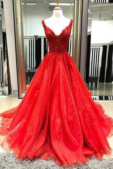 Charming Prom Dress, Tulle Sleeveless Prom Dresses, Appliques Red Evening Dress, Formal Gown M493