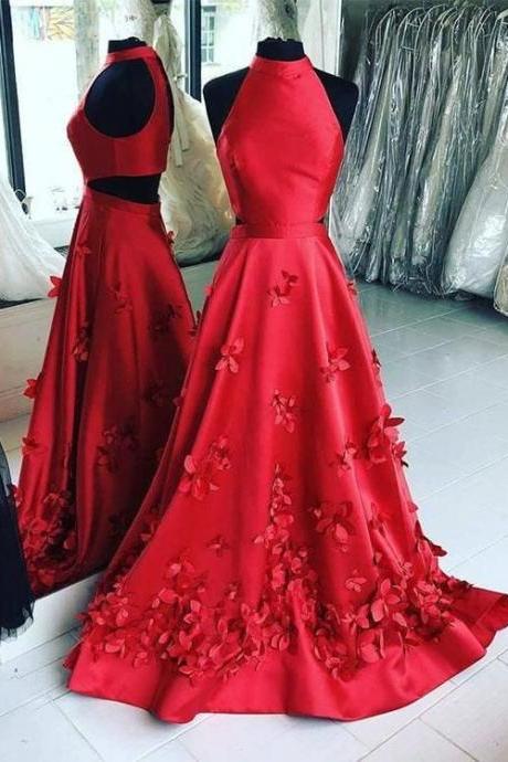 Unique Red Satin Long A Line Prom Dress, Red Evening Dress M496