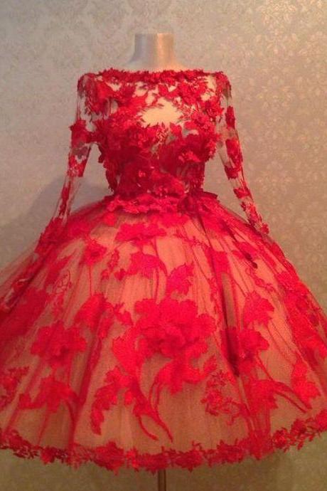 Vintage 1950's Style Red Lace Ball Gown Short Evening Dresses Long Sleeves Sheer Sexy Short Prom Dresses Women Formal Gowns With