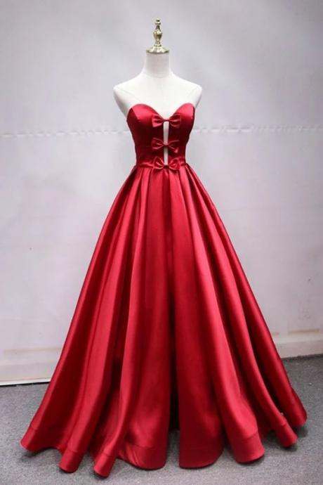 A Line Sweetheart Red Satin Lace Up Long Prom Dresses With Bowknot, Formal Dresses M507