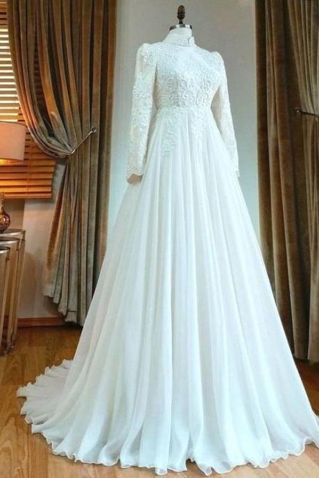 White Long Sleeve Hijab Muslim Wedding Dress High Neck Lace Appliques Islamic Wedding Gowns M515
