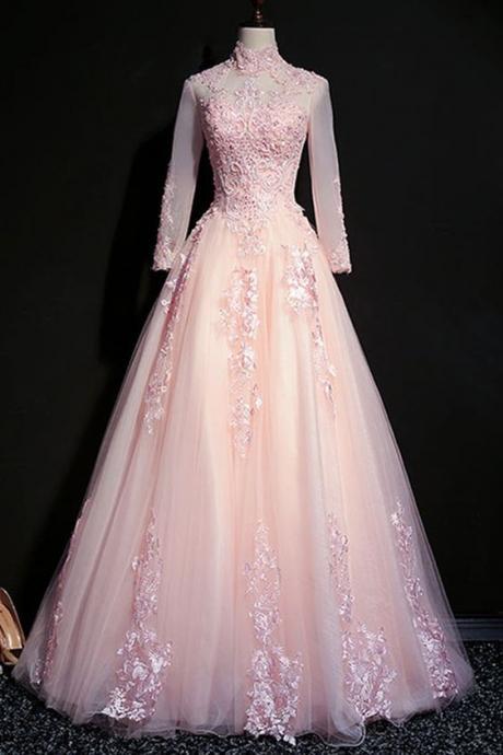 Pink Tulle Beaded Long Lace Applique Formal Prom Dress, Evening Dress With Sleeve M516