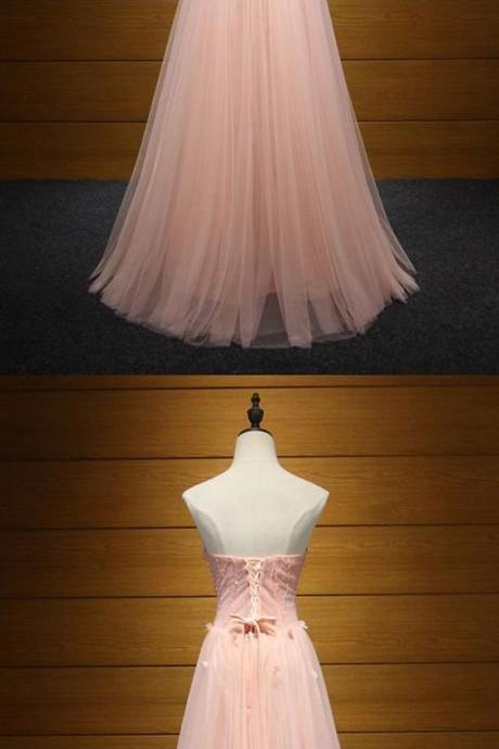 Fitted Peach Pink Long Formal Dress Tulle Beaded With Florals For Women M523