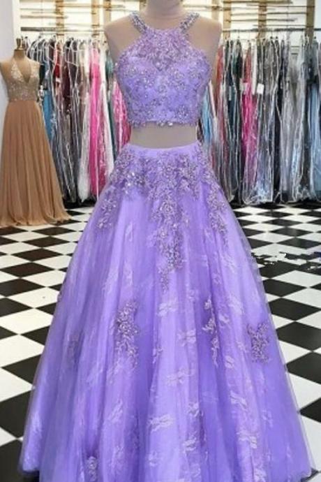 Charming Lavender Two Pieces Prom Dresses Halter Beaded Appliques Formal Evening Party Gowns M532