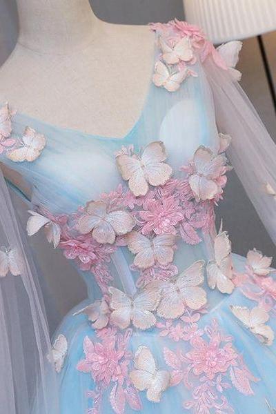 Light Blue Fairy Butterfly Cosplay 3d Ball Gown Medieval Dress Princess Queen M544