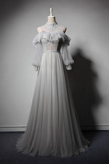 Handmade Custom Dresses Gray Lotus Neckline Transparent Tulle Floor-length Skirt Long-sleeved Off-the-shoulder Evening Dress M560