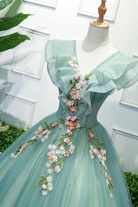 Green V Neck Tulle Long Prom Dress, Green Evening Dress, M567