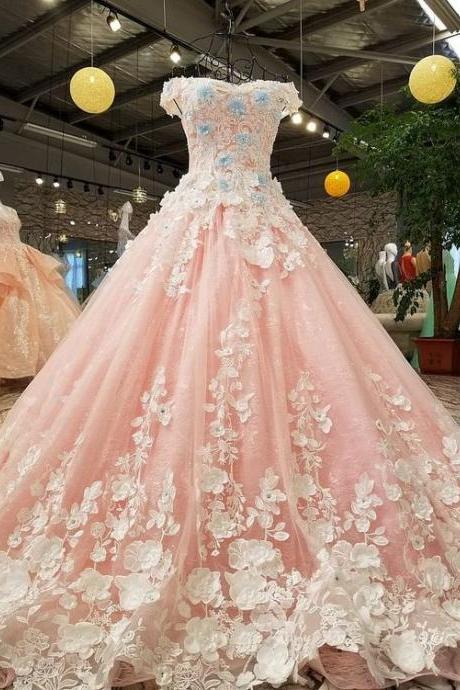 Pink Lace 3d Flowers Off The Shoulder Evening Dress Luxury Beautiful Evening Dress M574