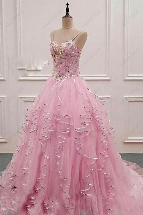 Pink Lace Sleeveless Sexy Bridal Evening Dress M584