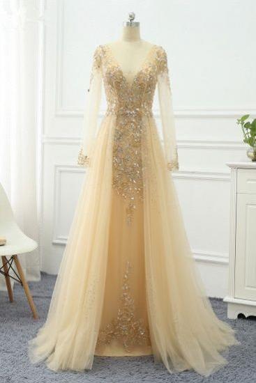 Elegant V-neck Long Sleeves Appliques Beadings Prom Dresses With Overskirt M587