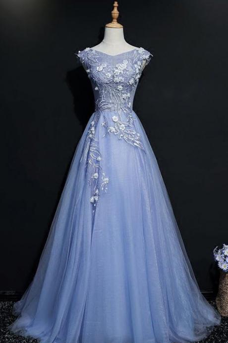 Blue Tulle V Neck Embroidery Long A-line Cap Sleeves Halter Spring Prom Dresses M593