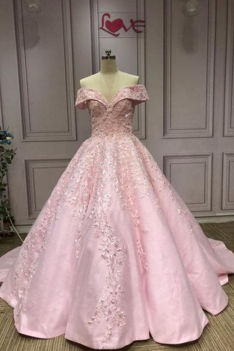 Off Shoulder Lace Appliqués Pearls Crystals Beaded Pink Ball Gown Wedding Prom Dresses M595