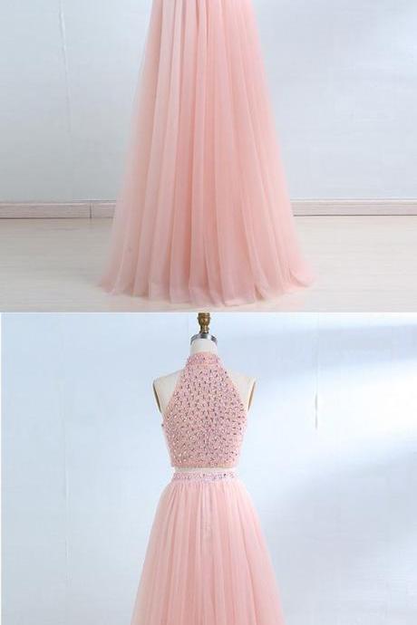 Pink Tulle Two Pieces Long Beaded Hight Neck Evening Dress, Formal Dress M602