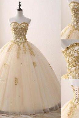 Gold Appliques Quinceanera Dress Ball Gown Prom Pageant Party Wedding Dresses M607