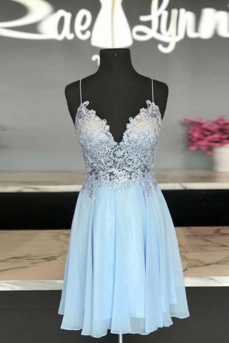 Blue Sweetheart Chiffon Lace Short Prom Dress Lace Homecoming Dress M617