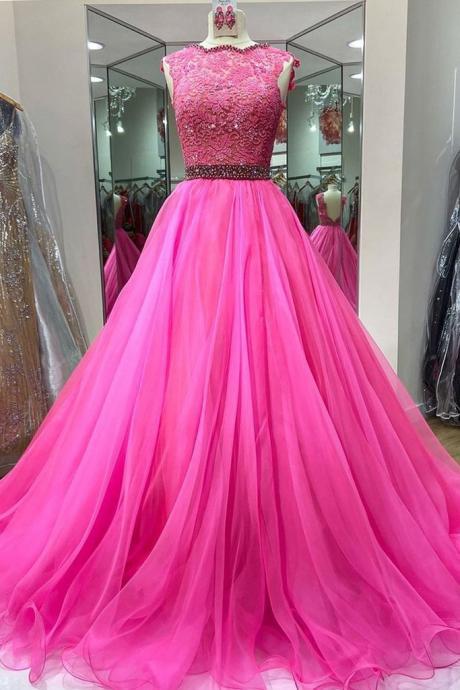 Pink Tulle A Line Crystal Beaded Prom Dress Party Gowns Evening Dress M620