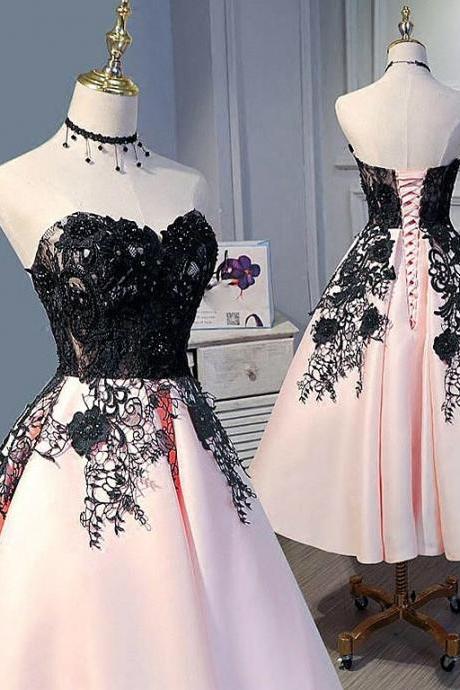 Cute Satin Light Pink Tea Length Formal Dress, Prom Dress 2021 M622