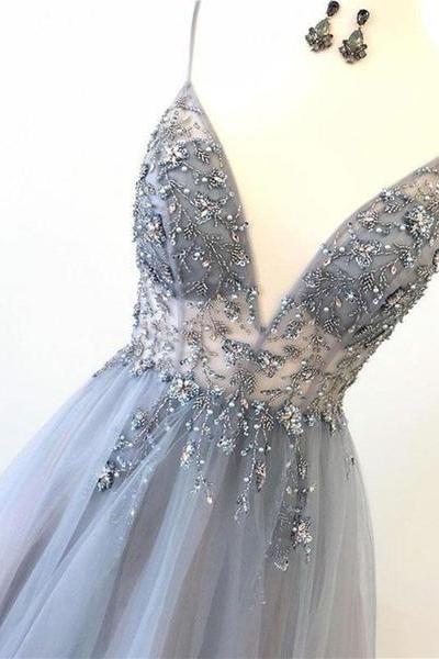 V Neck Gray Tulle Beads Long Prom Dress, Gray Tulle Beads Evening Dress 2021 M623