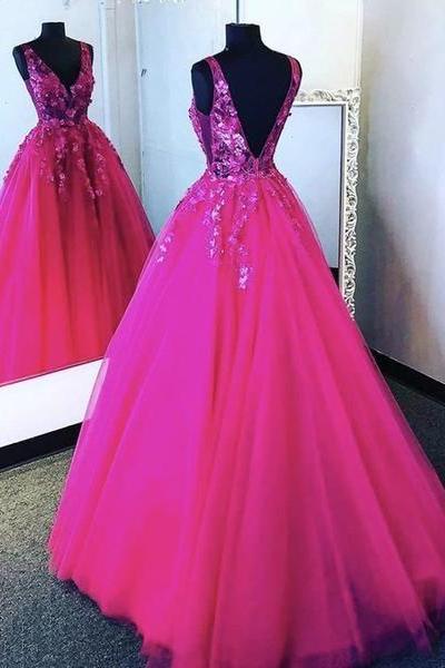 V Neck Pink Tulle Lace Prom Dresses, Backless Pink Floral Formal Evening Dresses M625