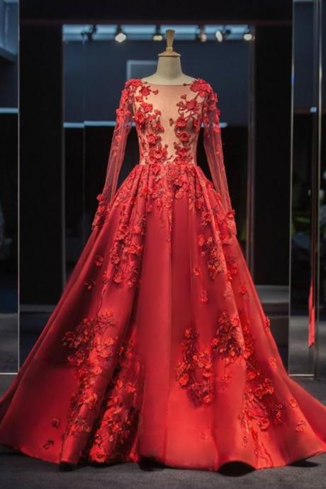 Long Sleeve Ball Gowns Robe De Bal Longue Illusion Hand Made Tulle Back Tail Prom Dresses M627