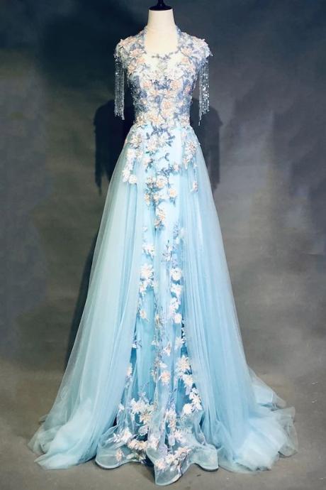 Modest Square Neckline Beading Appliques Sky Blue Long Prom Dress Pageant Gown M628