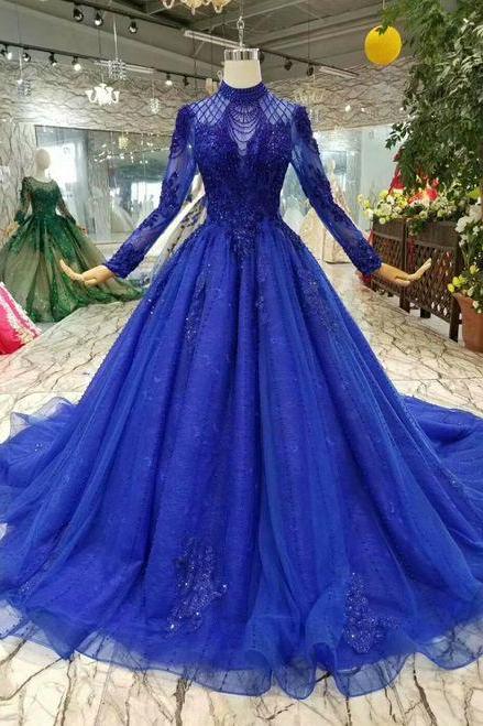 Royal Blue Tulle High Neck Long Sleeve Backless Wedding Dress With Beading M634