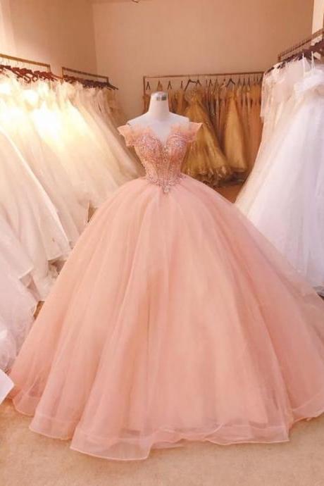 Elegant Ball Gown Long Prom Dress, Off The Shoulder Wedding Dress, Lace Beads Appliqued Evening Gown, Quinceanera Dresses M636