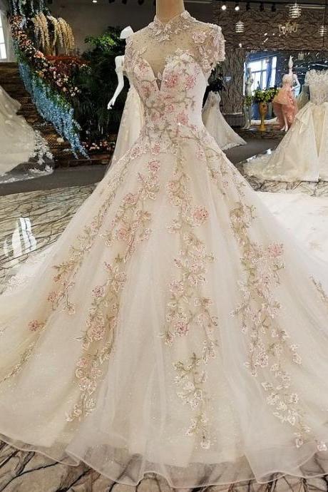 High Neckline Lace Flowers Wedding Gown Long Prom Gown M638