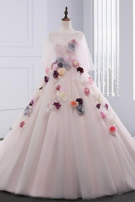 Light Pink Ball Gown Sweetheart Tulle Flower Wedding Dress M642