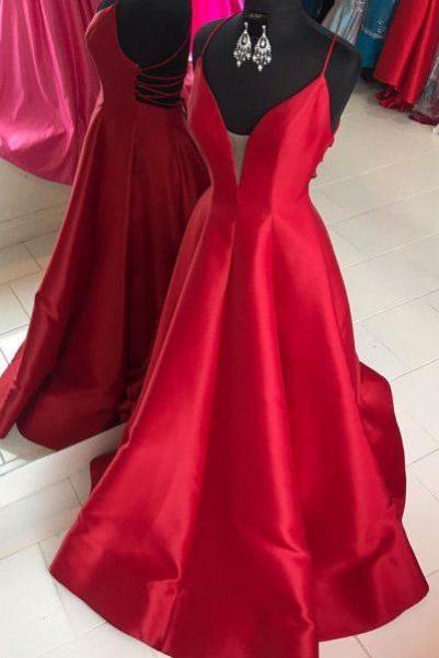 Red Satin Long Prom Dress With Cross Back M647