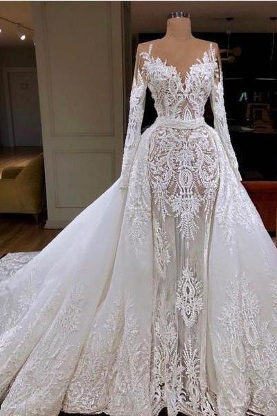 Custom Dresses A-line Princess Heart Neck Long Sleeve Lace Long Bridal Dresses M659