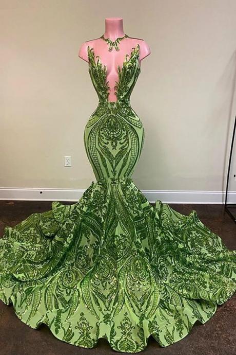 Green Prom Dresses, Lace Prom Dresses, Mermaid Prom Dresses, Court Train Evening Dresses M665